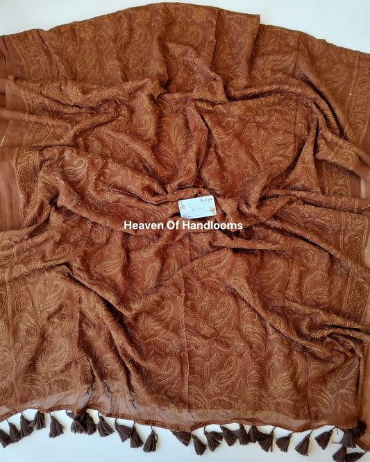 Festive Saree - Dark ChocoChikankari