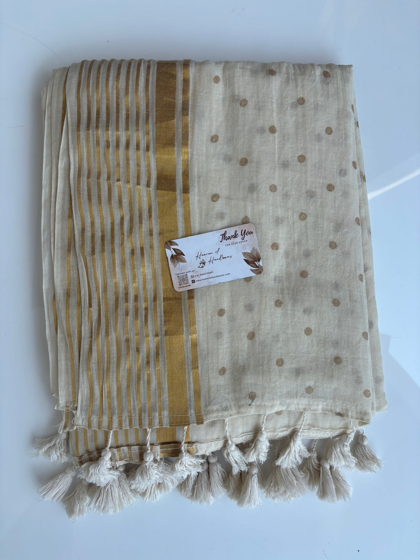 Onam-Vishu Saree - Cream Polka Dot