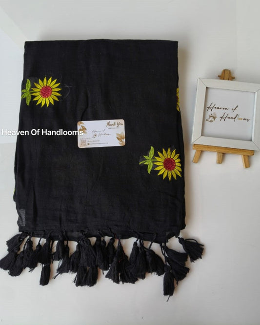 Embroidery Saree - Black Sunflower