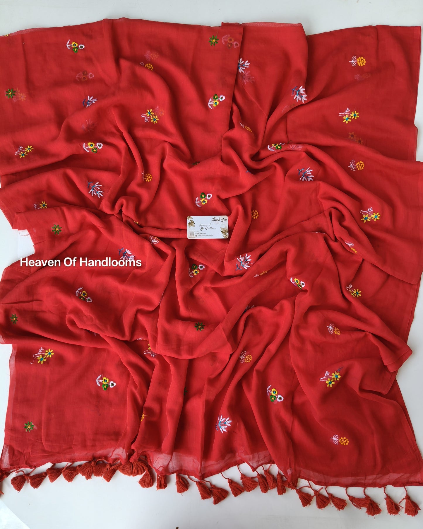 Embroidery Saree - Red Flower Bunch