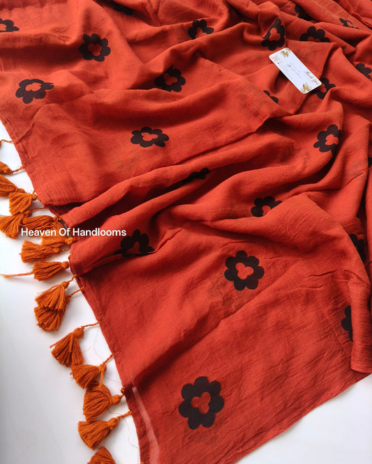 Printed Saree -  Rust Flower Print