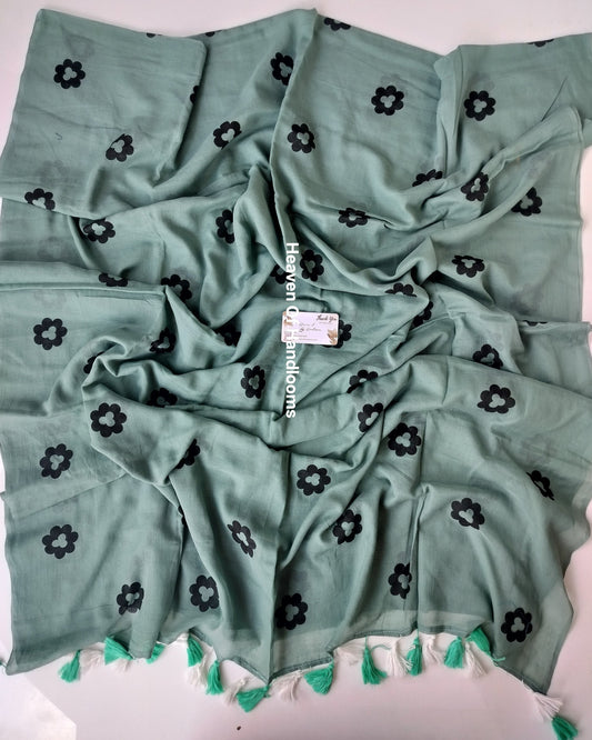 Printed Saree -  Smoke Blue Flower Print