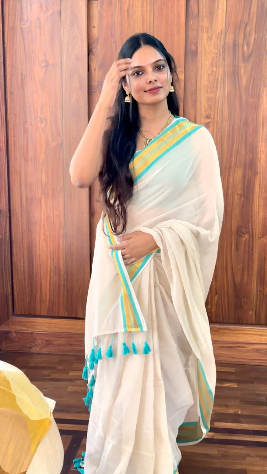 Onam-Vishu Saree - Cream with Teal Green Border