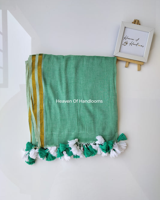 Plain Mul Saree with Zari - Mint