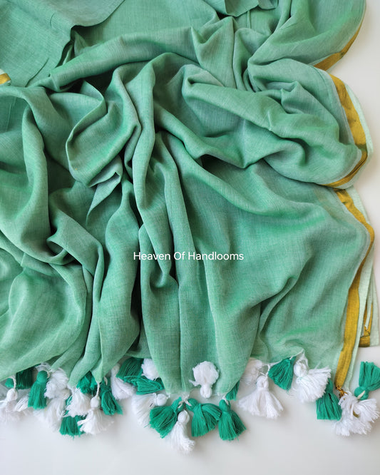 Plain Mul Saree with Zari - Mint