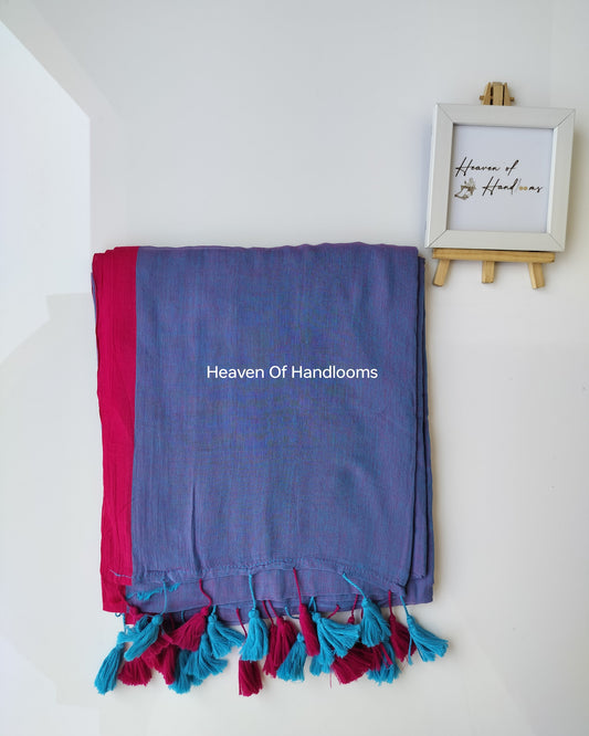Plain Mul Saree - Peacock Blue with Magenta Border