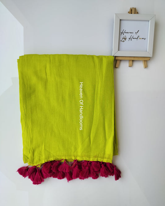Plain Mul Saree- Lemon Green