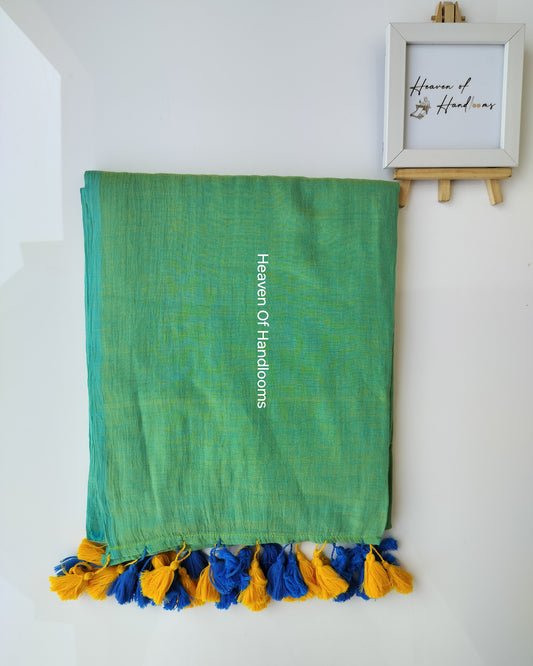 Plain Mul Saree - Turqoise and Yellow