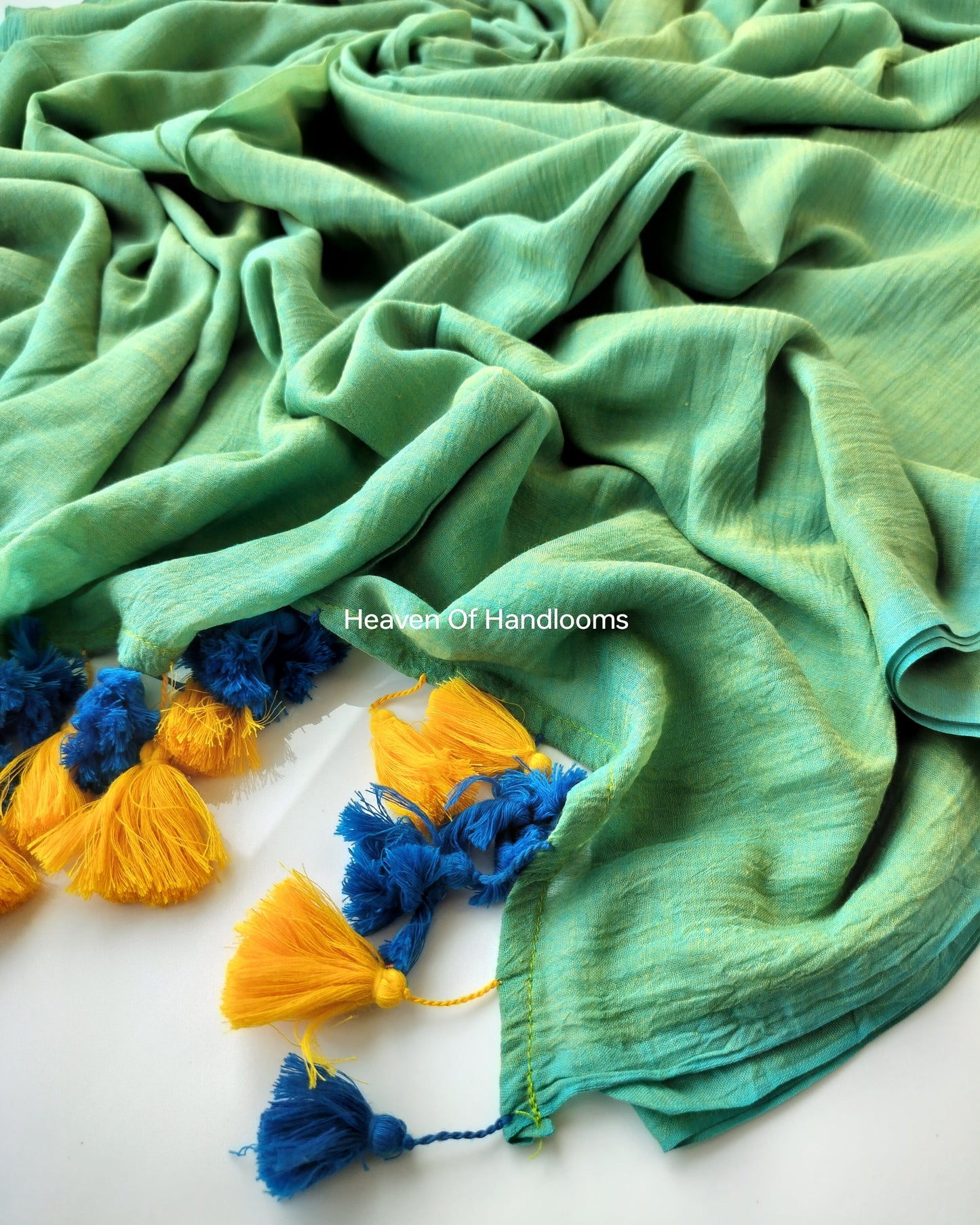 Plain Mul Saree - Turqoise and Yellow