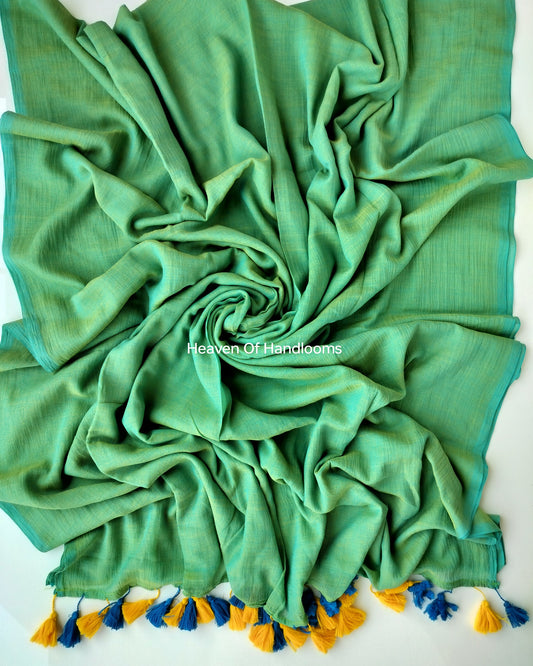 Plain Mul Saree - Turqoise and Yellow