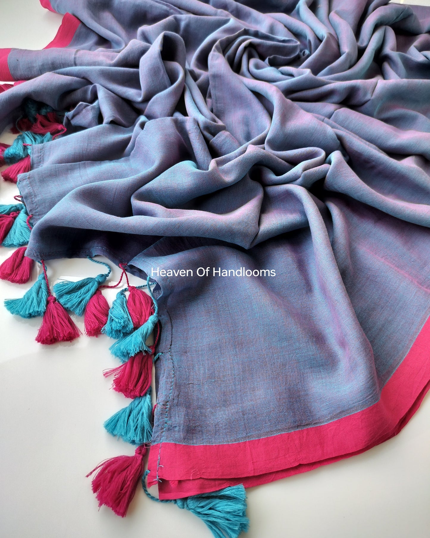 Plain Mul Saree - Peacock Blue with Magenta Border