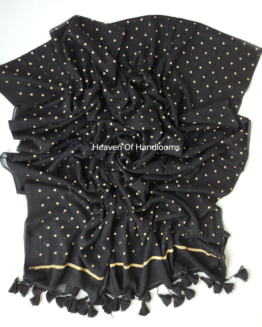 Printed Saree - Black Golden Polka Dot