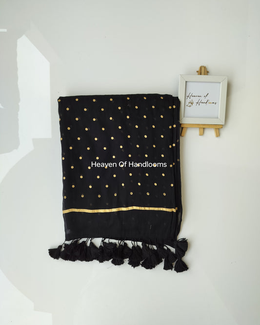 Printed Saree - Black Golden Polka Dot