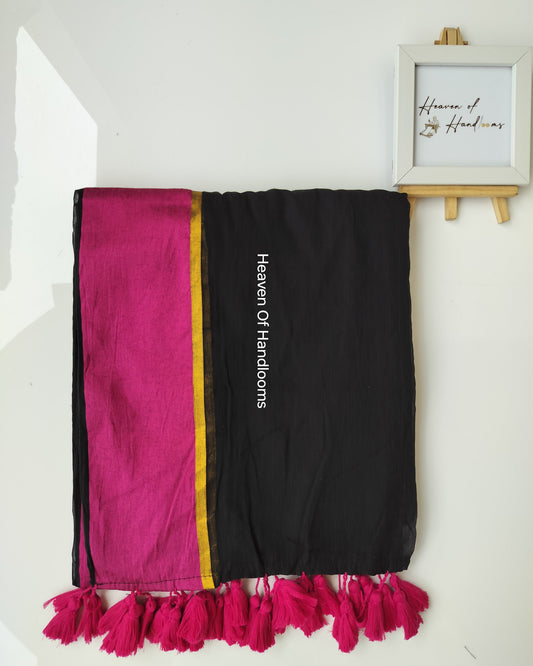 Festive Saree - Black with Pink Border thin Zari