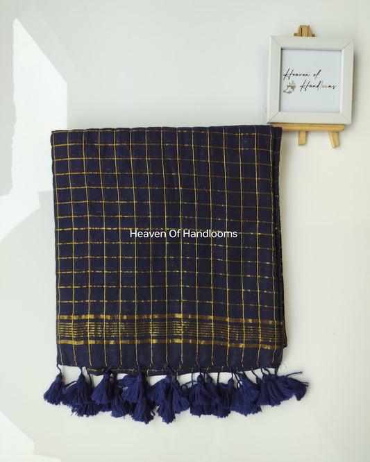 Festive Saree - Navy Blue Golden Zari checked