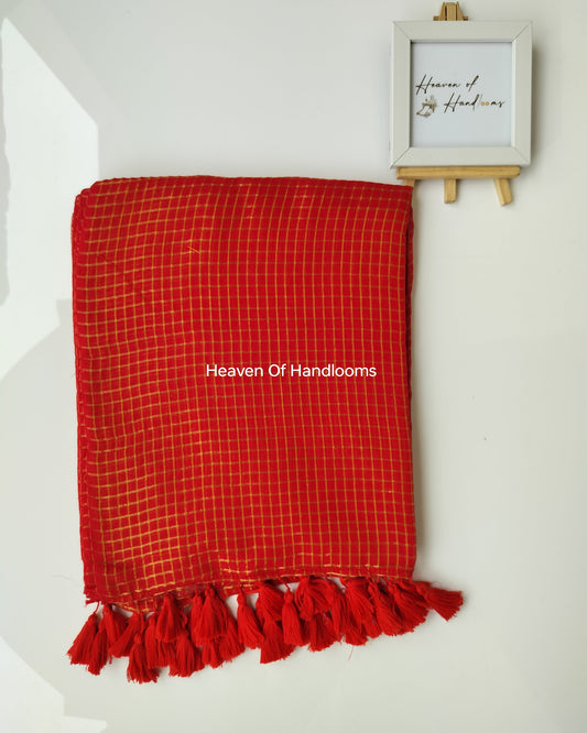 Festive Saree - Red Golden Zari checked