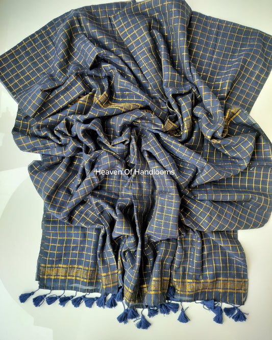 Festive Saree - Navy Blue Golden Zari checked