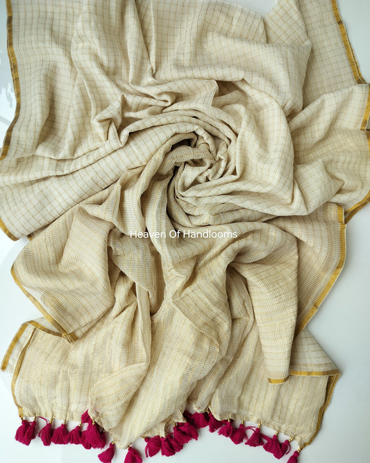 Onam-Vishu Saree - Cream Golden Check