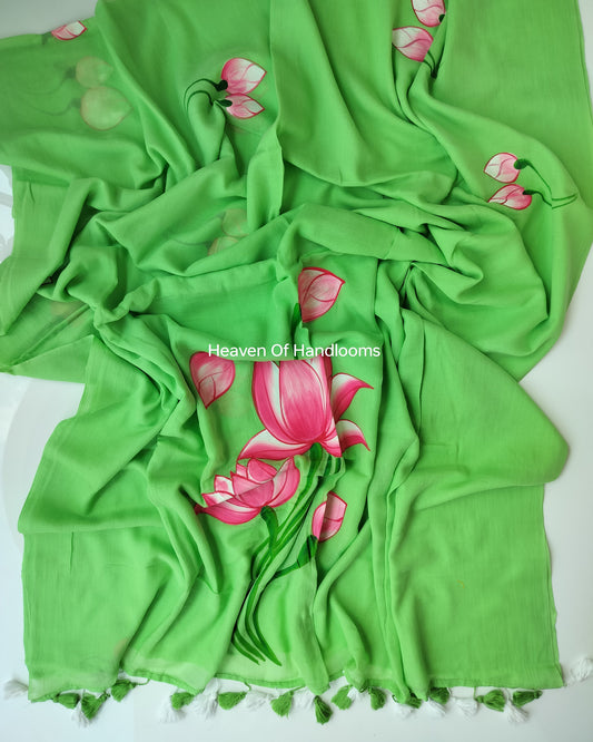 Hand Painted Saree - Green Lotus