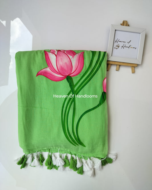 Hand Painted Saree - Green Lotus
