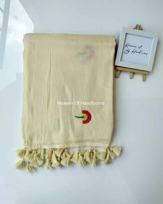 Embroidery Saree - Cream Flower