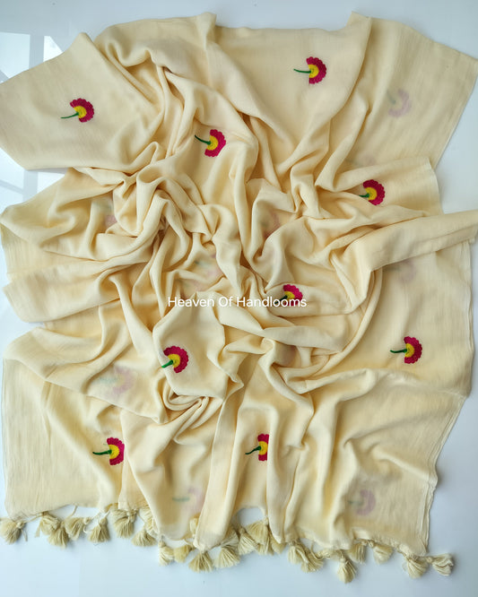 Embroidery Saree - Cream Flower