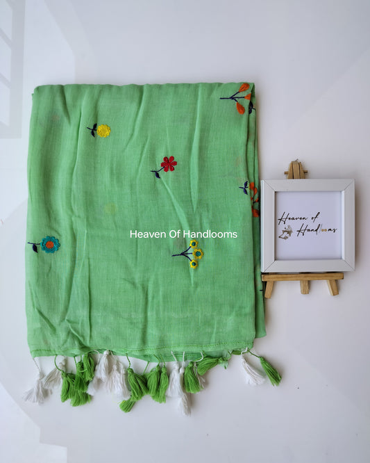 Embroidery Saree - Green Flower