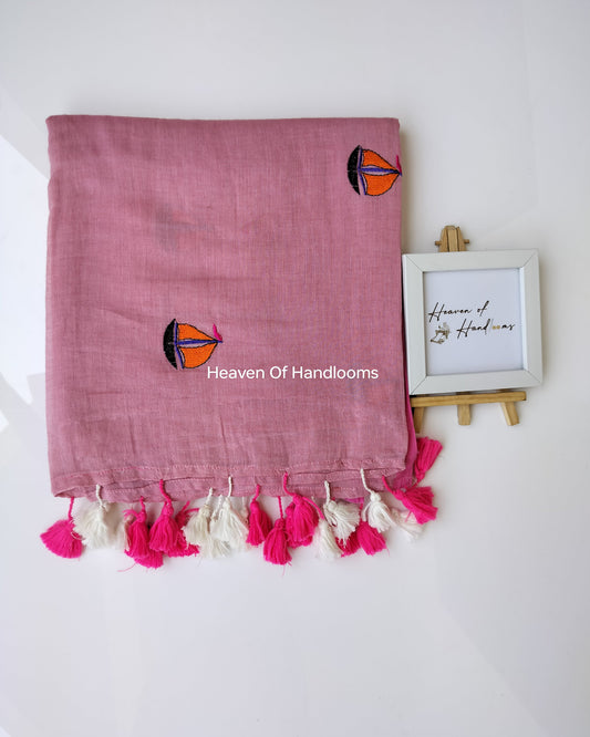 Embroidery Saree - Onion Pink Boat