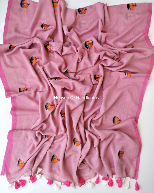 Embroidery Saree - Onion Pink Boat