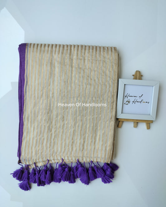 Onam-Vishu Saree - Golden Stripe with Purple Border