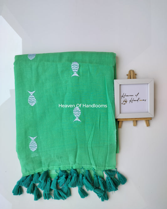 Embroidery Saree - Teal Green Fish