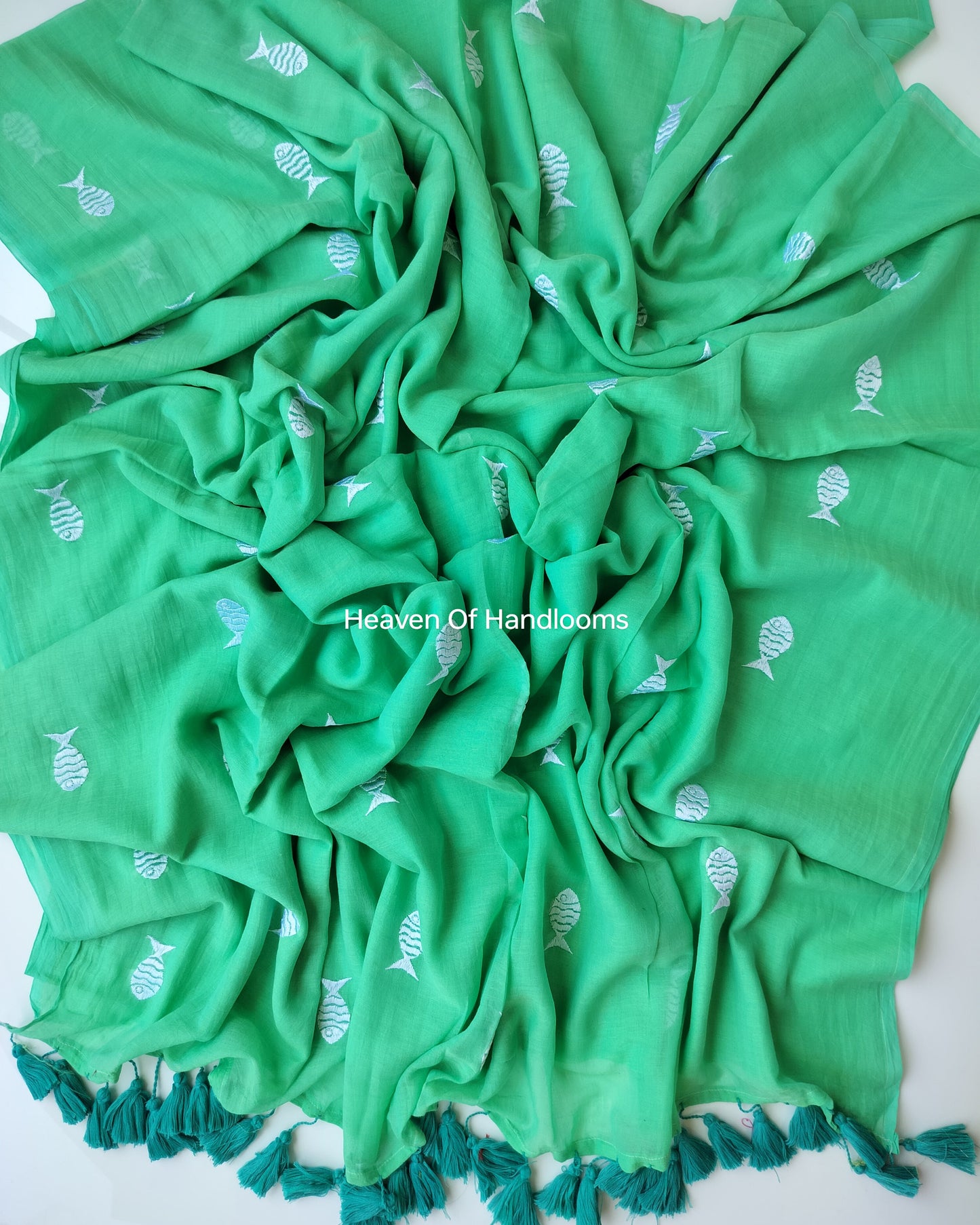 Embroidery Saree - Teal Green Fish
