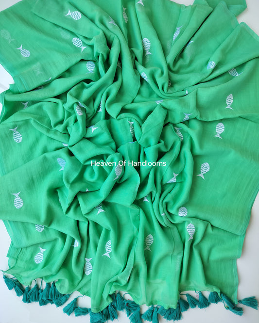 Embroidery Saree - Teal Green Fish