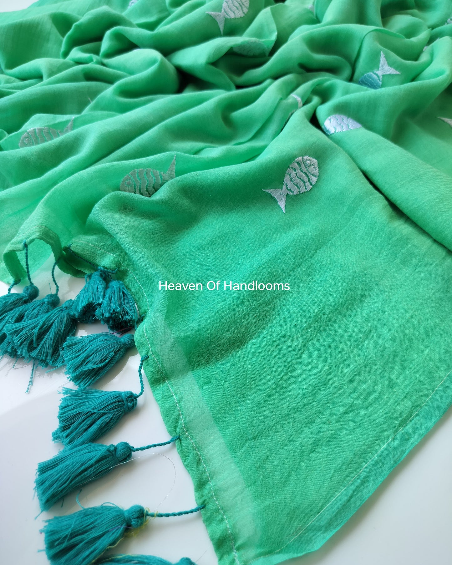 Embroidery Saree - Teal Green Fish