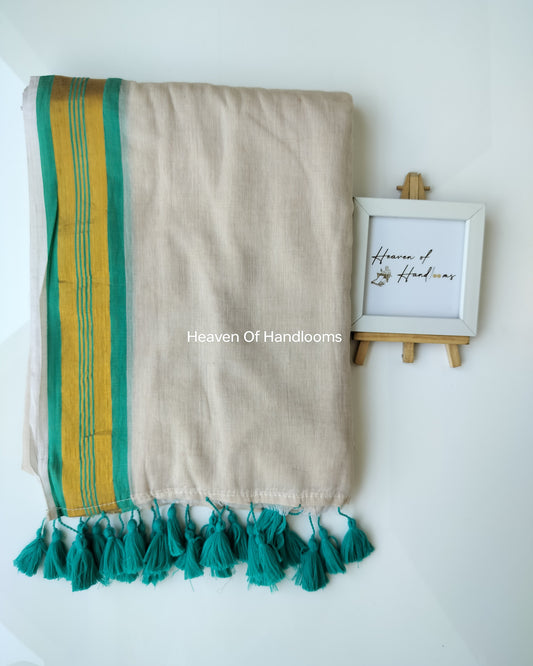 Onam-Vishu Saree - Cream with Teal Green Border
