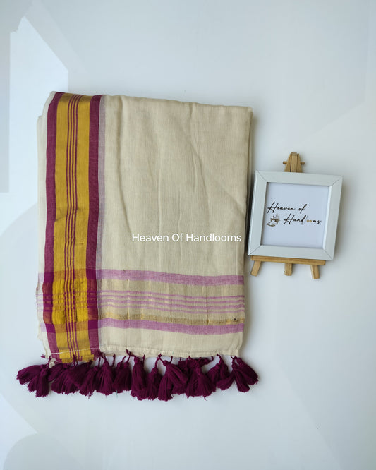 Onam-Vishu Saree - Cream with Dark Magenta Border