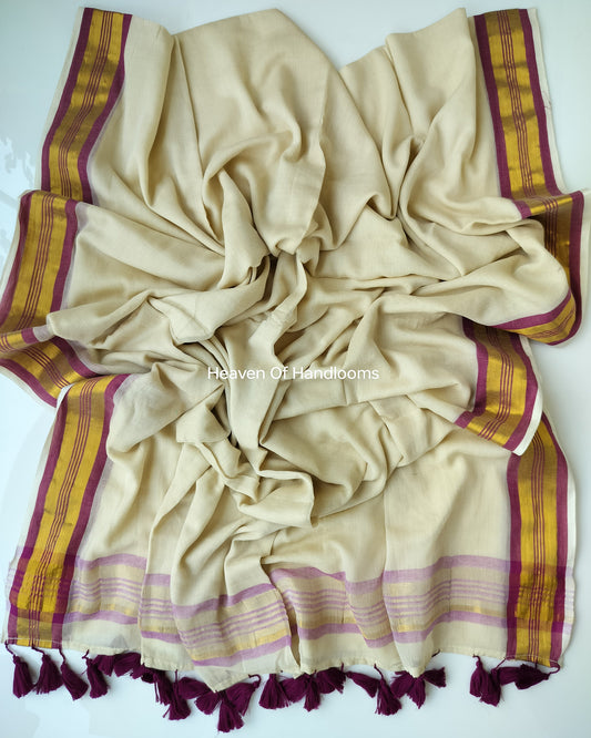Onam-Vishu Saree - Cream with Dark Magenta Border