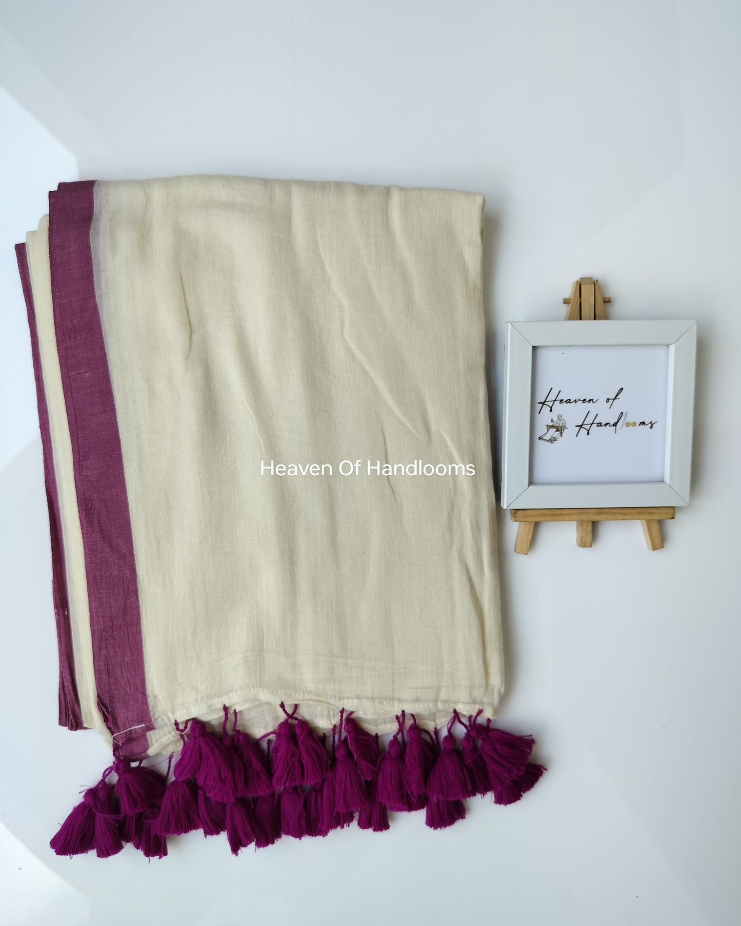 Plain Mul Saree - Cream with Dark Magenta