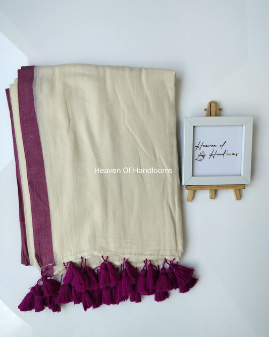 Plain Mul Saree - Cream with Dark Magenta