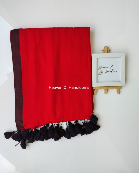 Plain Mul Saree - Red with Black Border
