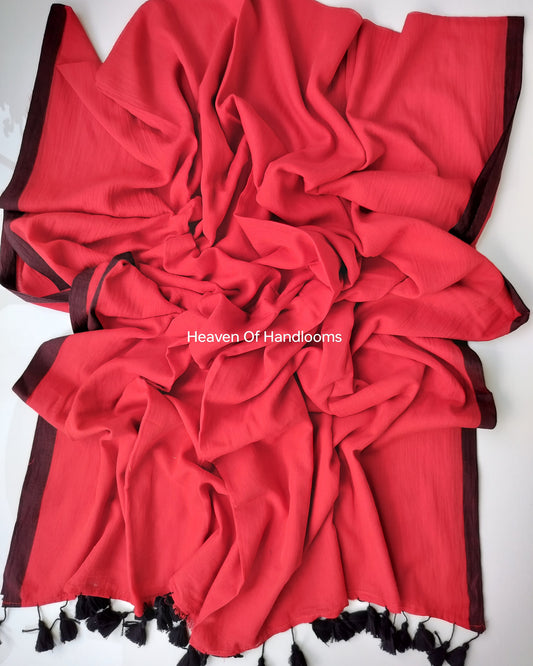Plain Mul Saree - Red with Black Border