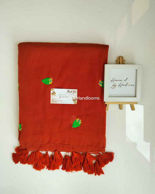 Embroidery Saree - Terracotta with Strawberry