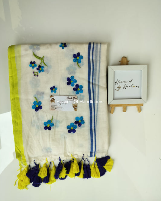 Embroidery Saree - Cream Pookal Border