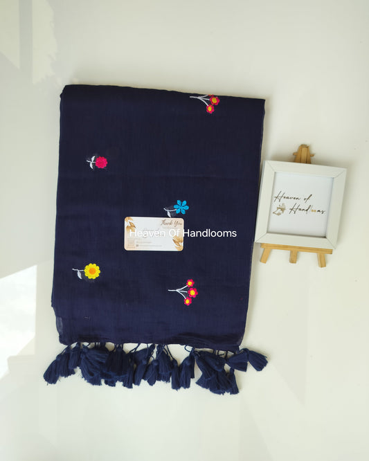 Embroidery Saree - Navy Flower