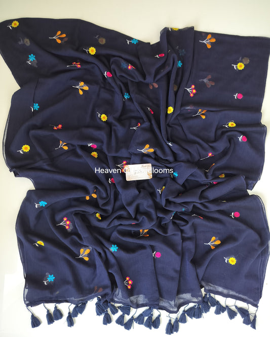 Embroidery Saree - Navy Flower