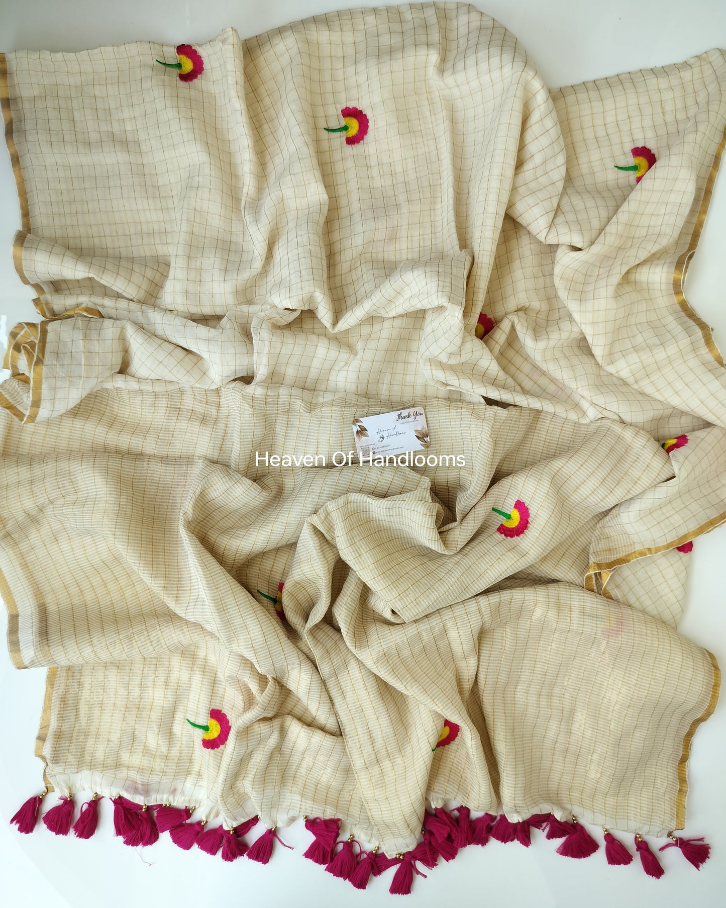 Onam-Vishu Saree - Cream Golden Check with Flower