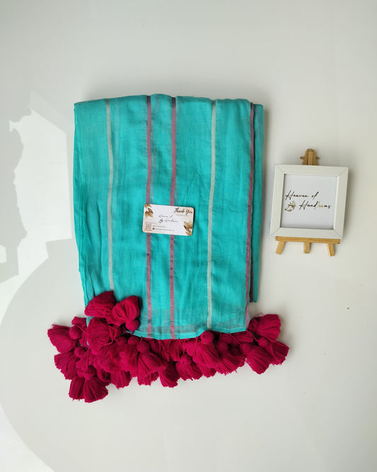 Festive Saree - Turquoise Stipe with Big Tassels