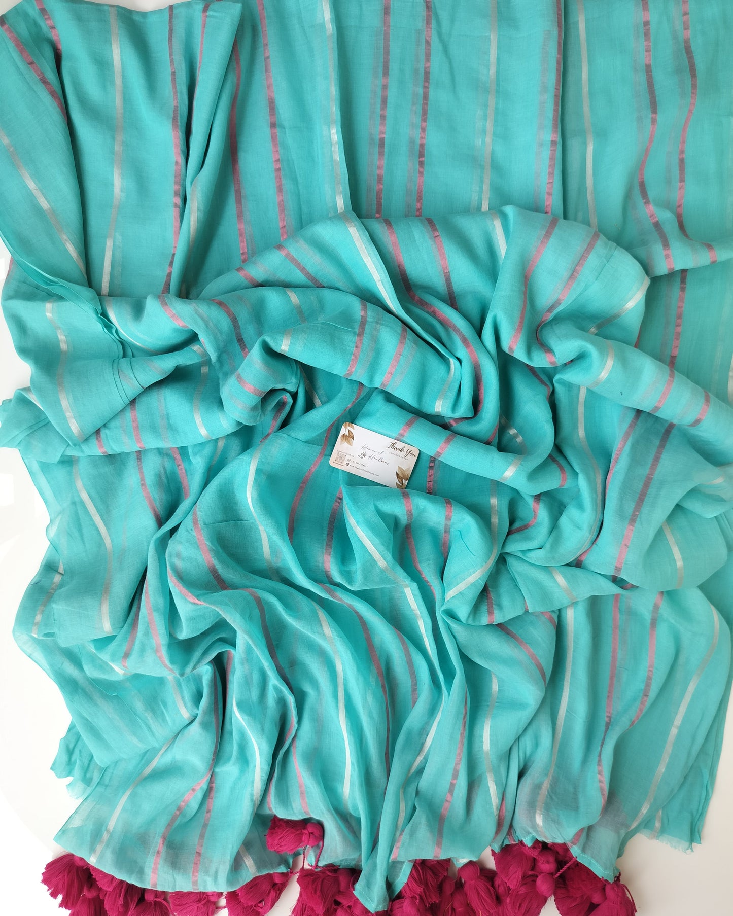 Festive Saree - Turquoise Stipe with Big Tassels