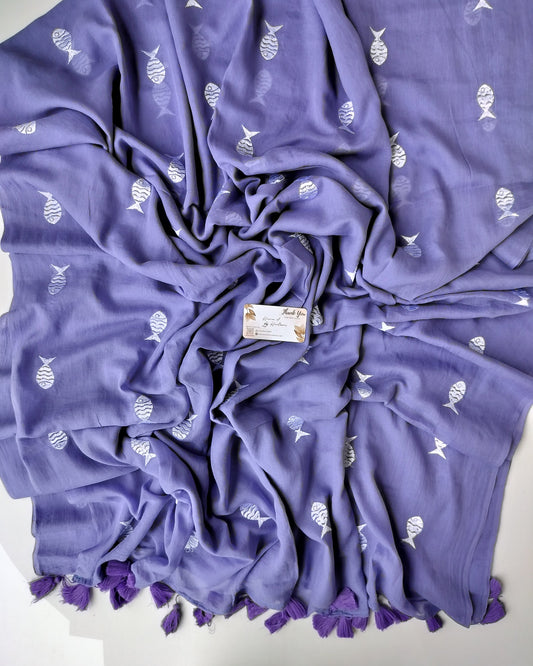 Embroidery Saree - Purple Fish