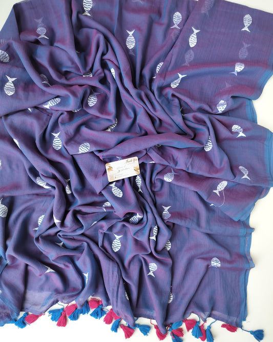 Embroidery Saree - Peacock Shade  Fish